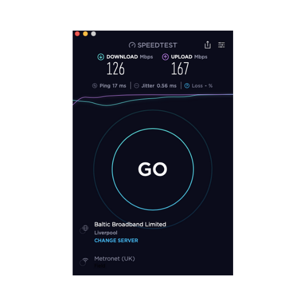 Image showing the UI of Ookla's internet speed test app. 
