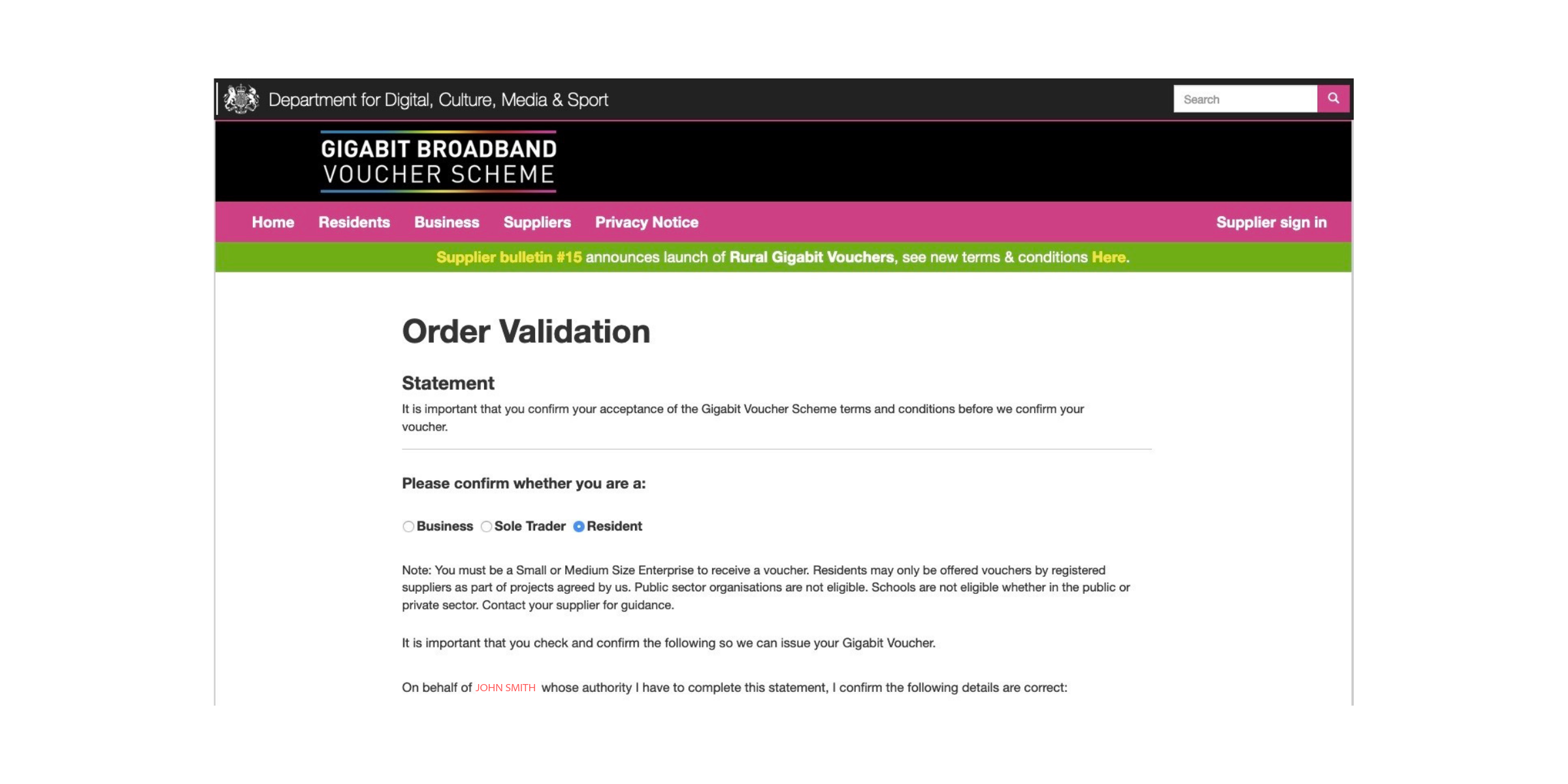 An example of a Resident application for the Gigabit Broadband Voucher Scheme