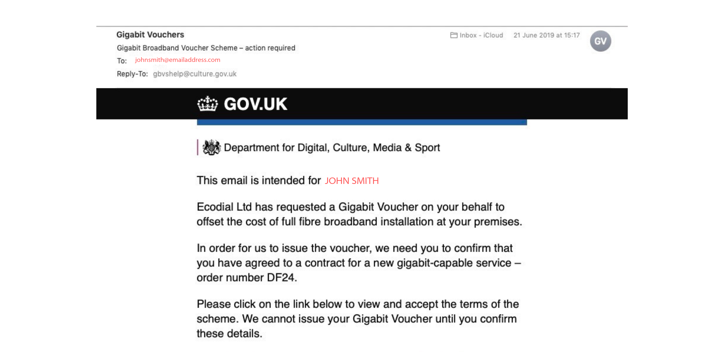 Gigabit Broadband Voucher Scheme email example.