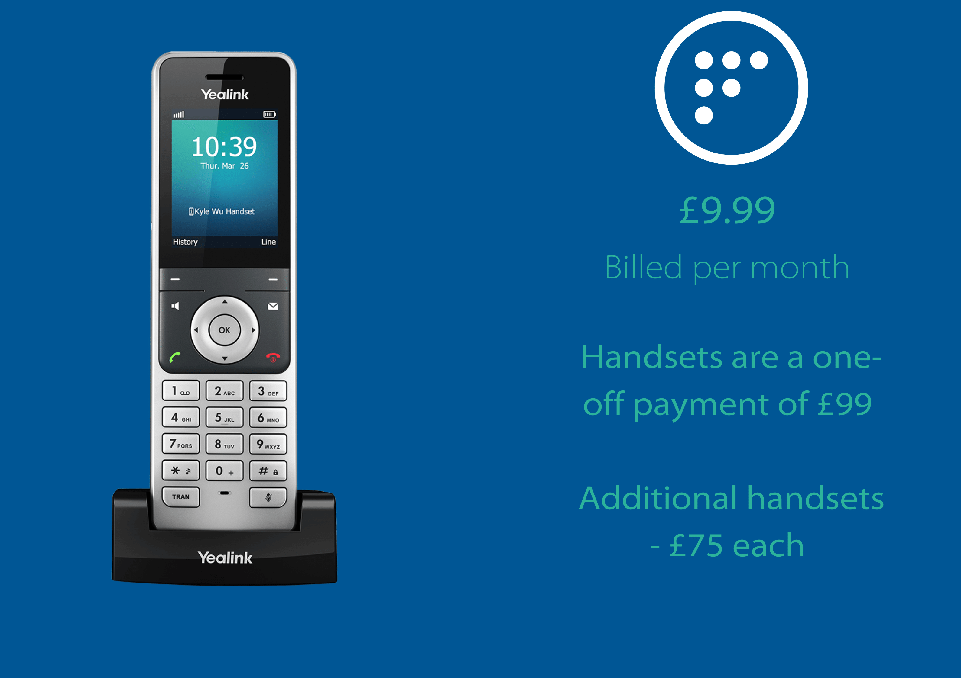 Image of FACTCO full fibre handset with price package information on a dark blue background with green writing